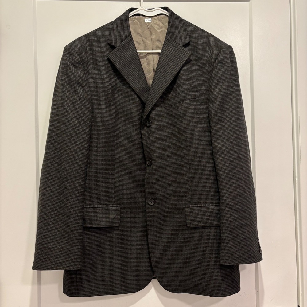 Oscar de la Renta Mens 42R Wool Blazer Sport Coat Brown Black Micro Check J113